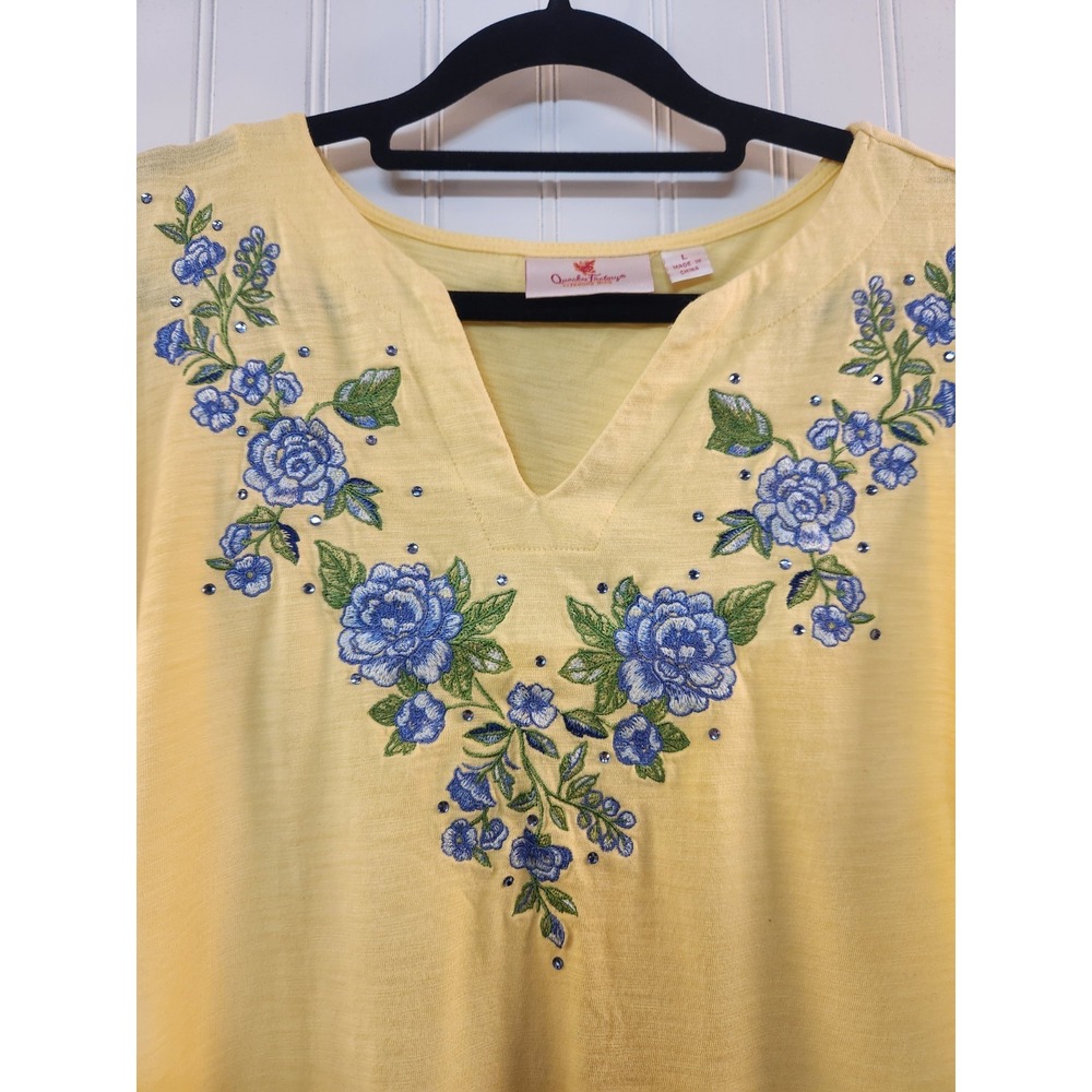 Quacker Factory Women's Yellow Blue Floral Embroidered Rhinestones Top Size L - Picture 3 of 13